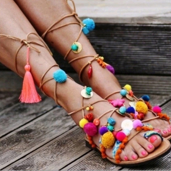 Bohemian gladiator sandals with embellishments, Similar to Penny Lane Style - Picture 1 of 11